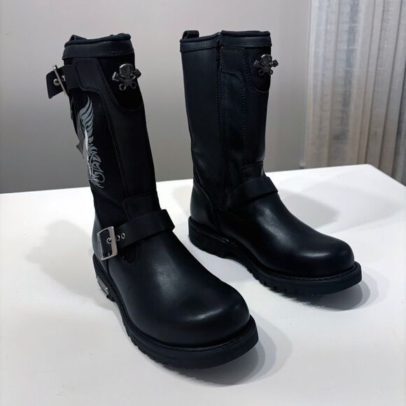 Xelement Women's Black Tribal Skull Leather Motorcycle Riding Boots Size 8 - Picture 1 of 14